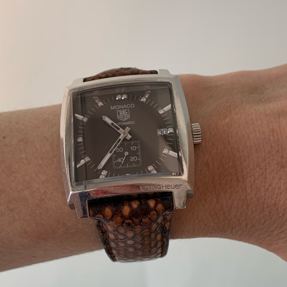 MONACO TAG HEUER 13 diamonds automatic men’s watch. Python skin leather strap. - Picture 4 of 14